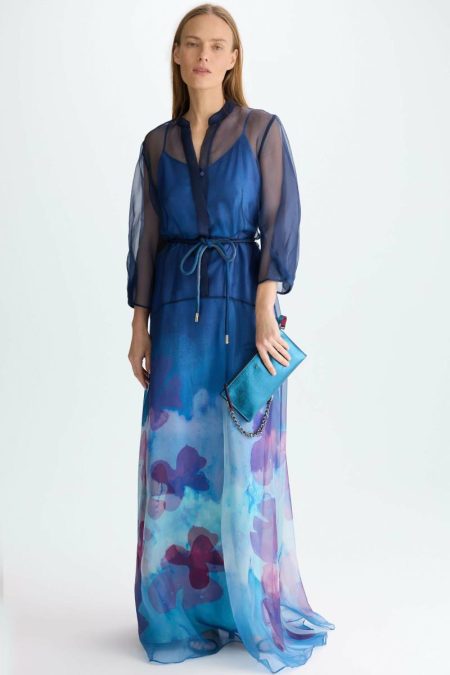 Navy/Blue Evening Purificacion Garci Print Organza Long Shirt Dress Women