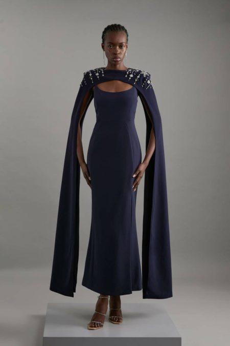 Navy Crystal Embellished Viscose Crepe Maxi Dress With Detachable Cape Women Tailoring Karen Millen