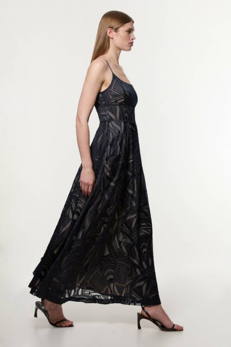 Navy Karen Millen Maxi Dresses Amelia Graham Burnout Split Woven Prom Strappy Maxi Dress Women