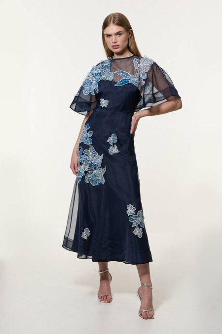 Navy Karen Millen Maxi Dresses Women Tall Floral Applique Organdie Woven Maxi Dress