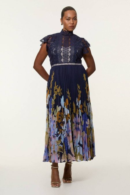 Navy Karen Millen Women Floral Dresses Plus Size Lace Trailing Floral Ombre Woven Maxi Dress