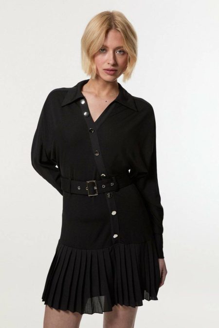 Navy Karen Millen Women Jersey And Georgette Mix Belted Pleat Mini Dress Mini Dresses