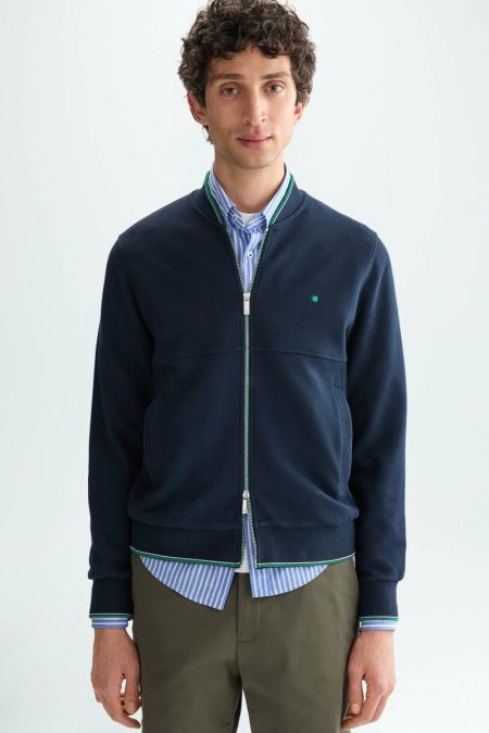 Navy Knitwear Purificacion Garci Men Technical Piqué Bomber Jacket