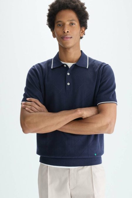 Navy Men Purificacion Garci Knitwear Origami Pointelle Knit Polo Shirt