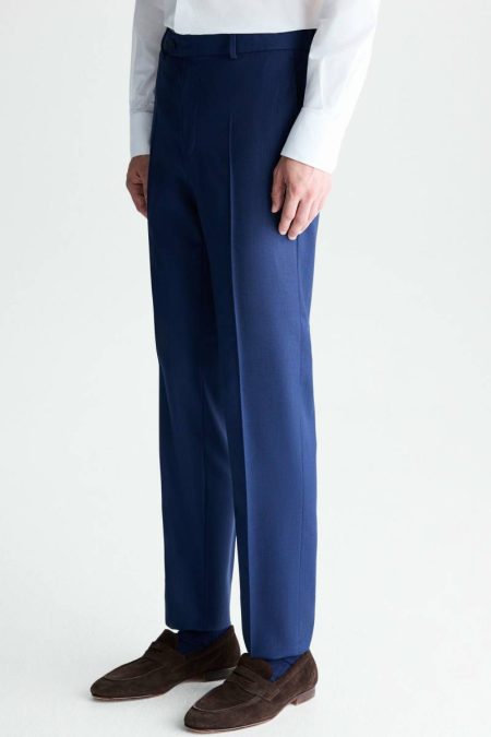 Navy Men Wool Micro Zig-Zag Weave Classic Fit Suit Trousers Trousers Purificacion Garci