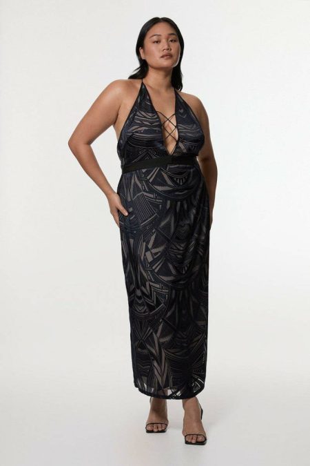 Navy Midi Dresses Amelia Graham Plus Size Burnout Lace Up Detail Woven Column Dress Karen Millen Women