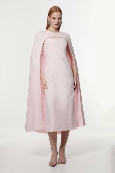 Navy Midi Dresses Women Premium Tailored Linen Drama Cape Midi Dress Karen Millen