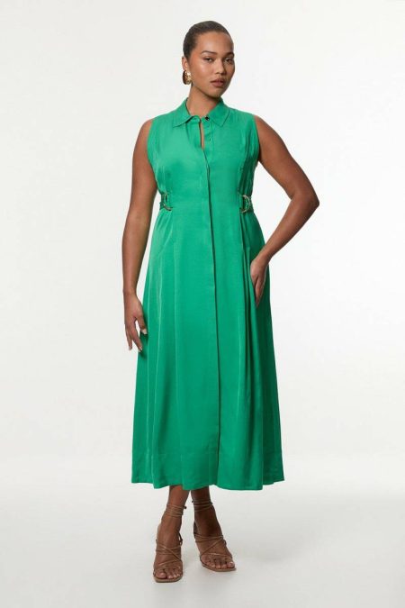 Navy Plus Size Viscose Linen Topstitch Halter Neck Woven Midi Dress With D Ring Detail Women Midi Dresses Karen Millen