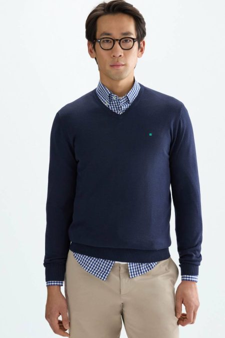Navy Sweatshirts Men Pima Cotton V-Neck Sweater Purificacion Garci
