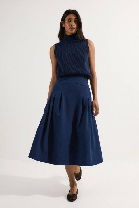 Navy Tailored Textured Full Midi Skirt Karen Millen Women Skirts