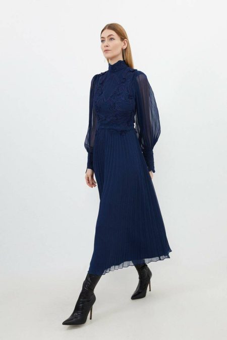 Navy Tailoring Petite Lace Applique Woven Maxi Dress Women Karen Millen