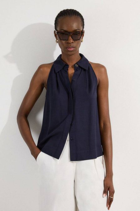 Navy Tops Premium Viscose Linen Halter Collared Woven Sleeveless Shirt Karen Millen Women