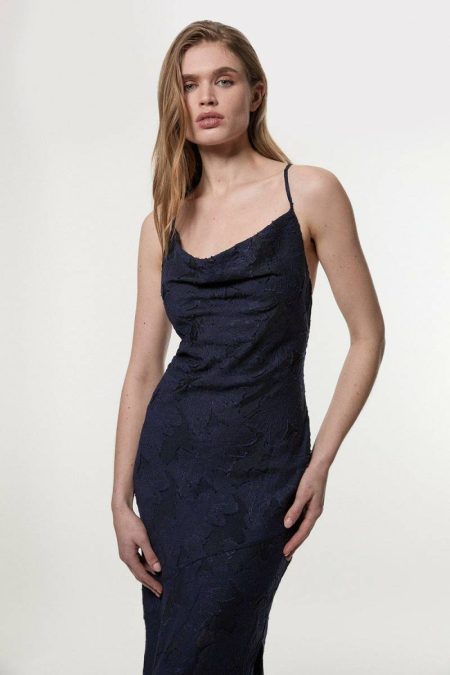 Navy Women Burnout Jacquard Strappy Woven Slip Dress Karen Millen Maxi Dresses
