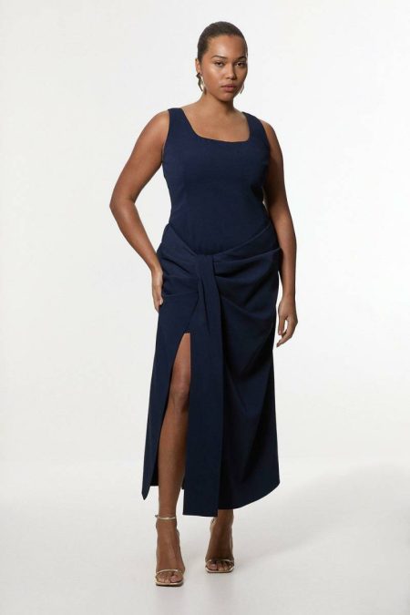 Navy Women Karen Millen Maxi Dresses Plus Soft Tailored Waist Drape Corset Maxi Dress