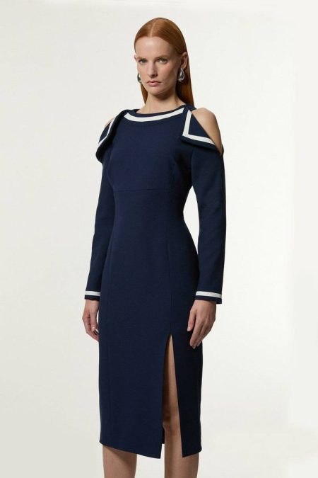 Navy Women Petite Contrast Tipped Off The Shoulder Tailored Midi Dress Karen Millen Tailoring