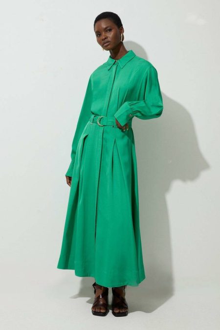 Navy Women Premium Viscose Linen Belted Woven Shirt Dress Karen Millen Midi Dresses