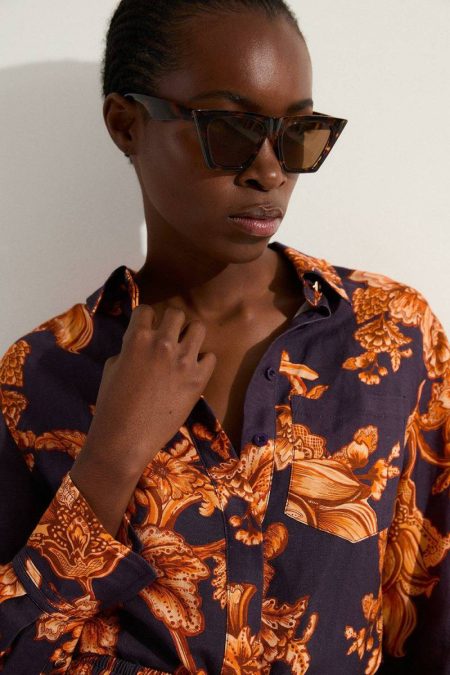 Navy Women Tops Karen Millen Floral Viscose Linen Woven Long Sleeve Shirt