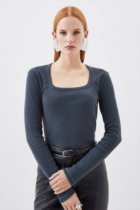 Neutral Karen Millen Compact Jersey Rib Square Neck Long Sleeve Top Tops Women