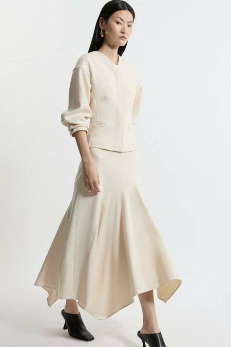 Neutral Karen Millen Women Skirts Structured Crepe Tailored Asymmetric Drape Midi Skirt