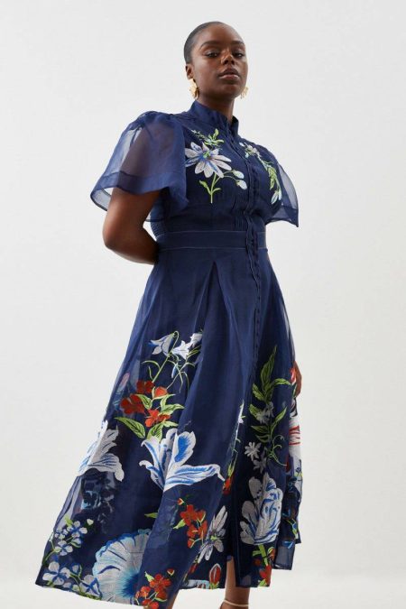 Nude Karen Millen Plus Size Botanical Embroidery Organdie Midi Dress Midi Dresses Women