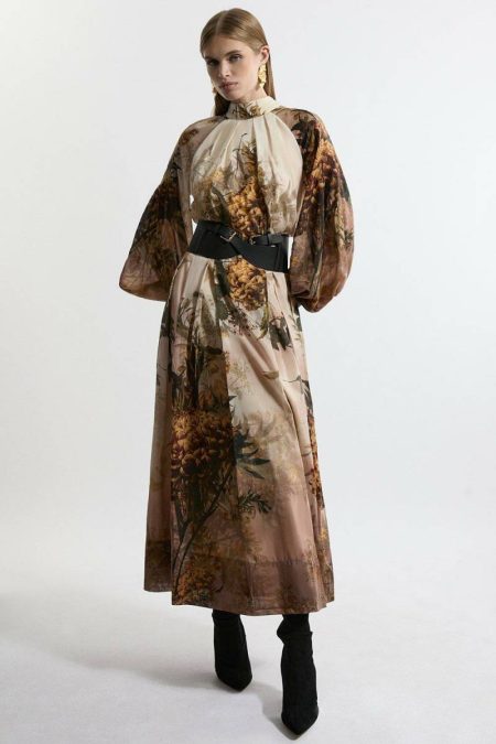 Nude Pink Karen Millen Tailoring Women Lydia Millen Tall Silk Cotton Border Print Belted Maxi Dress