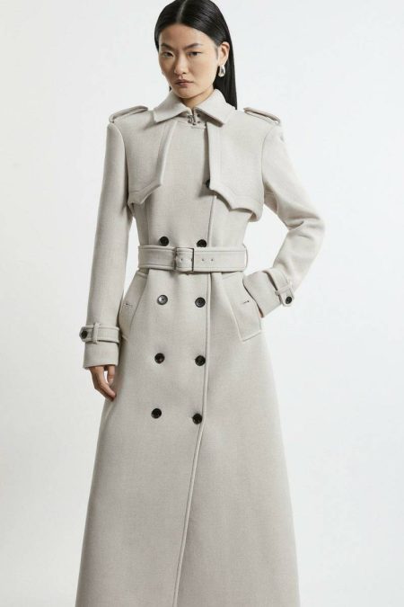 Oatmeal Tailoring Karen Millen Women Petite Ltalian Wool Tailored Belted Trench Coat