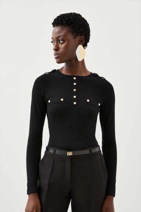 Olive Tailoring Viscose Blend Knitted Button Detail Sweater Karen Millen Women