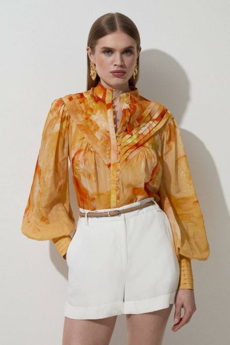Ombre Floral Silk Cotton Button Down Blouse Karen Millen Women Tops Orange