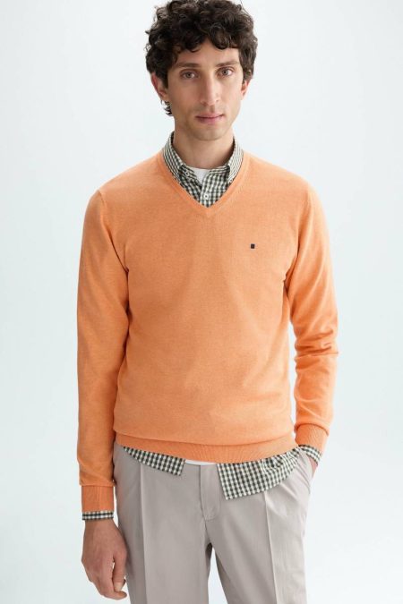 Orange Cotton V-Neck Sweater Sweatshirts Men Purificacion Garci
