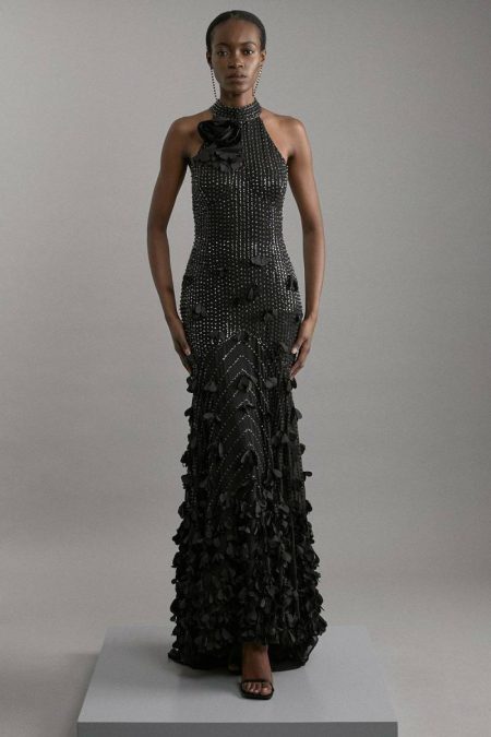 Orange Crystal Applique Woven Maxi Rosette Maxi Dress Women Karen Millen Tailoring