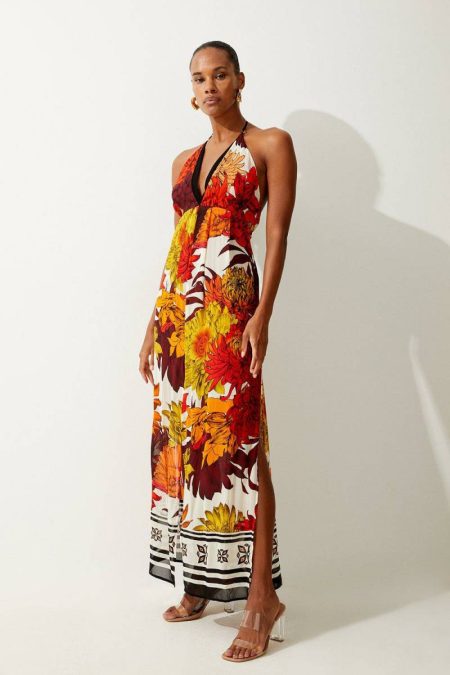 Orange Karen Millen Tailoring Women Viscose Georgette Border Print Halterneck Maxi Beach Dress