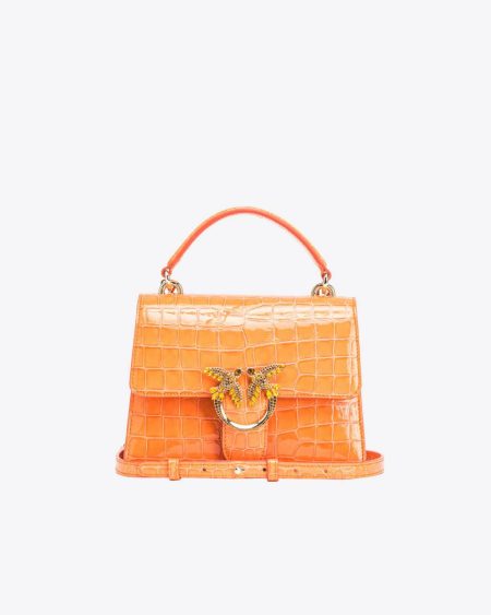 Orange-Light Gold Pinko Galleria Mini Love Bag One Top Handle Light In Shiny Croc-Print Leather Leather Goods