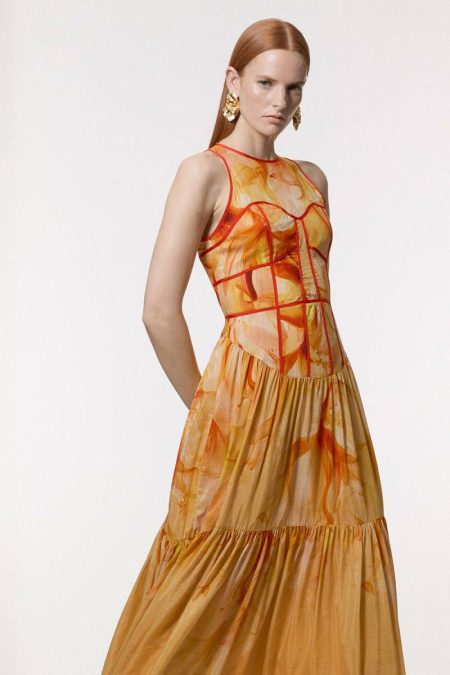Orange Ombre Floral Silk Cotton Halter Maxi Dress Maxi Dresses Karen Millen Women