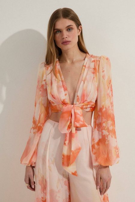 Orange Women Tops Karen Millen Ombre Floral Button Up Front Woven Top