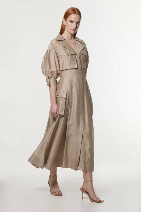 Organdie Slub Utility Pocket Detail Woven Shirt Dress Shirt Dresses Karen Millen Women Champagne