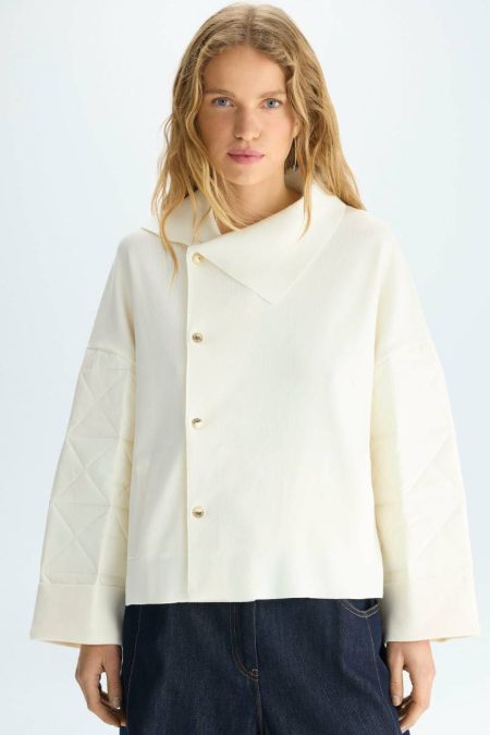 Origami-Quilted Nylon Stretch Knit Wrap Jacket Purificacion Garci Jackets Ecru Women