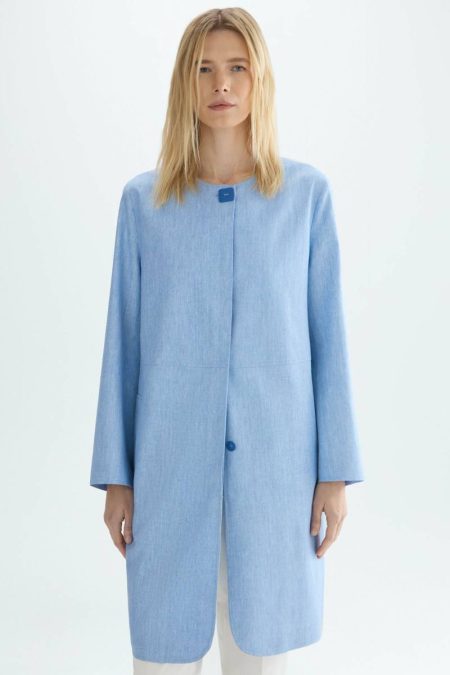 Outerwear Purificacion Garci Light Blue Rubberised Linen Straight-Fit Coat Women