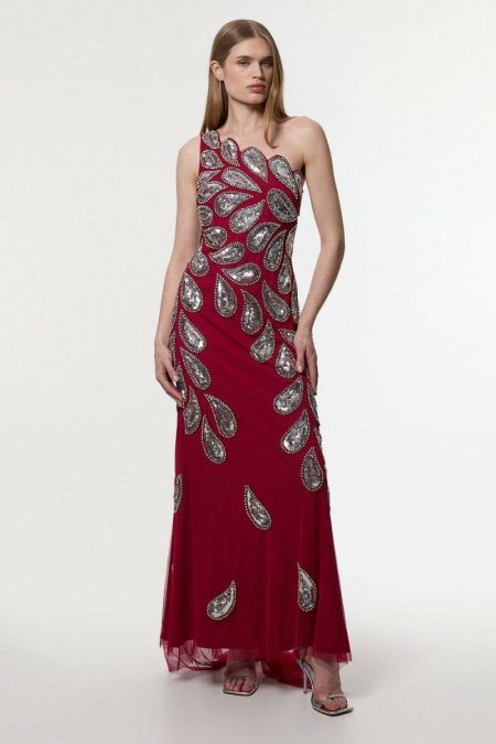 Paisley Embellished One Shoulder Maxi Dress Maxi Dresses Karen Millen Fuchsia Women