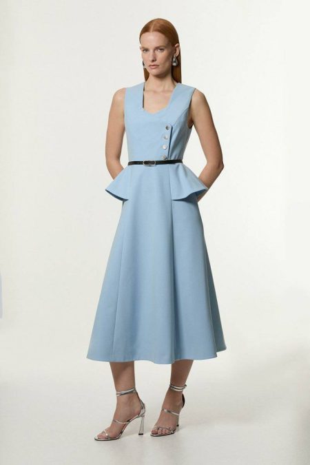 Pale Blue Women Karen Millen Petite Compact Stretch Belted Peplum Detail Full Skirted Midi Dress Midi Dresses