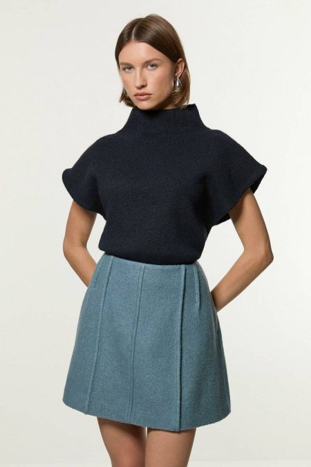 Pale Pink Tailoring Textured Wool Blend Darted Tailored Midi Skirt Karen Millen Women