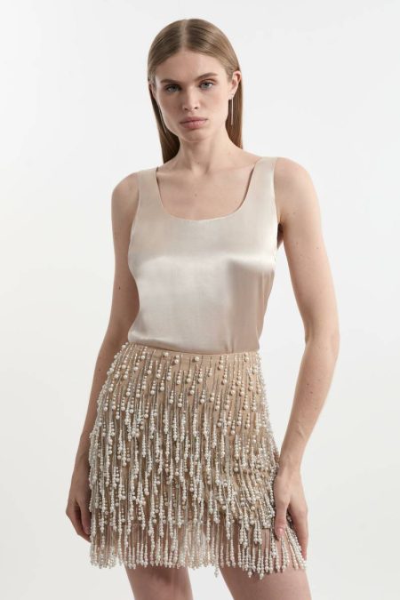 Pearl Karen Millen Tall Pearl Tassel Embellished Woven Mini Skirt Women Tailoring