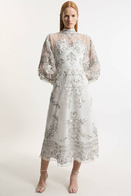 Petite Baroque Organdie Applique Buttoned Woven Maxi Dress Tailoring Women Silver Karen Millen