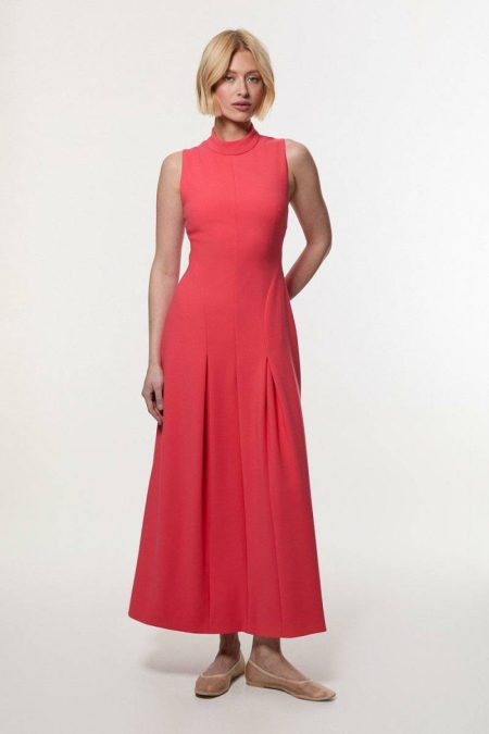 Petite Compact Stretch High Neck Open Back Tailored Maxi Dress Karen Millen Maxi Dresses Hot Pink Women