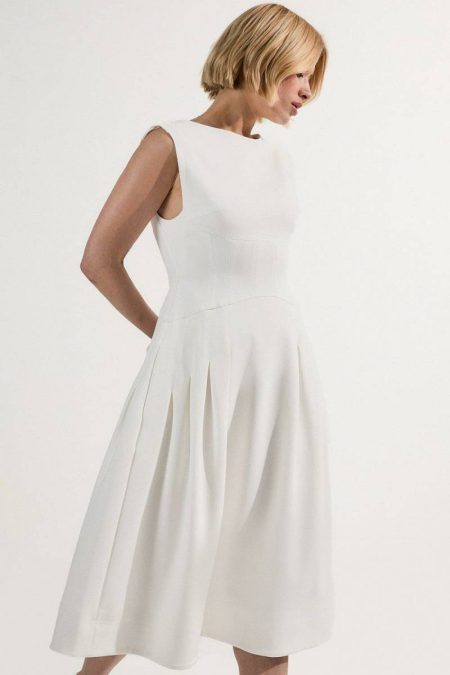 Petite Compact Stretch Open Back Full Skirted Tailored Midi Dress Midi Dresses Women Ivory Karen Millen
