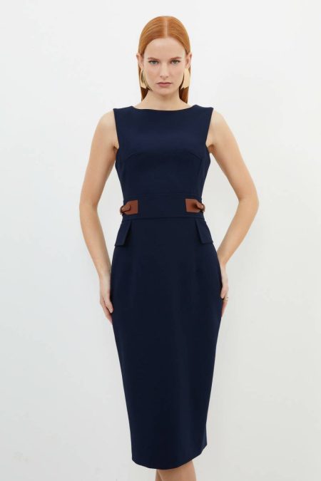 Petite Compact Stretch Tab Waist Detail Tailored Midi Dress Navy Women Karen Millen Tailoring
