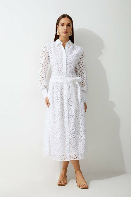 Petite Cotton Eyelet Long Sleeve Woven Maxi Dress White Women Tailoring Karen Millen