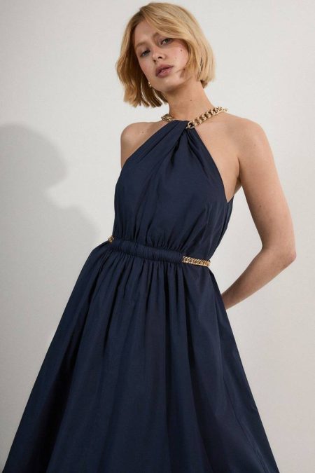 Petite Cotton Poplin Chain Halter Woven Maxi Dress Navy Maxi Dresses Karen Millen Women