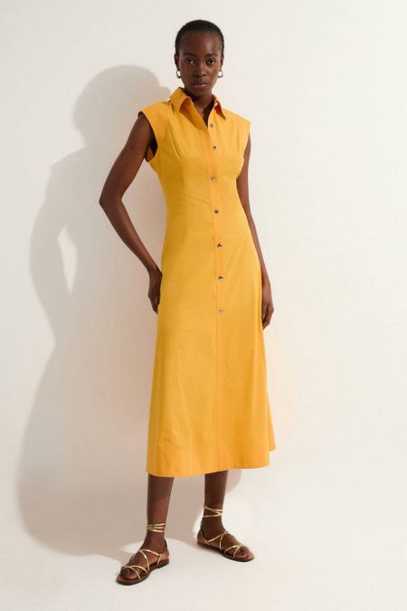 Petite Cotton Top Stitch Woven Midi Shirt Dress White Karen Millen Midi Dresses Women