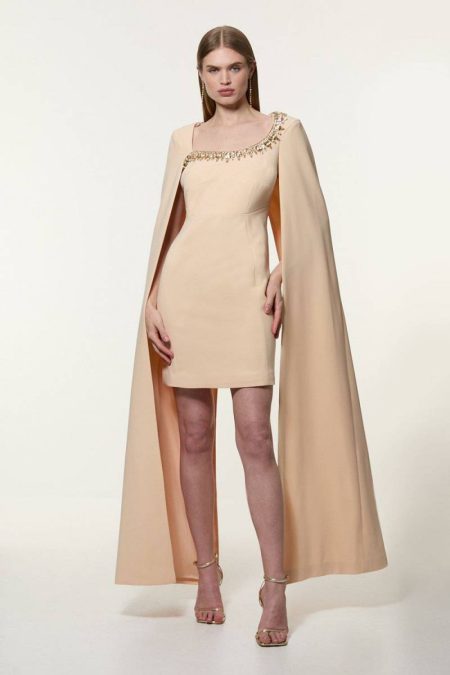 Petite Crystal Embellished Viscose Crepe Woven Mini Dress Karen Millen Women Apricot Tailoring