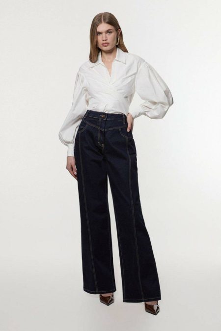 Petite Denim Contrast Stitch Detail Straight Leg Jean Indigo Women Karen Millen Denim